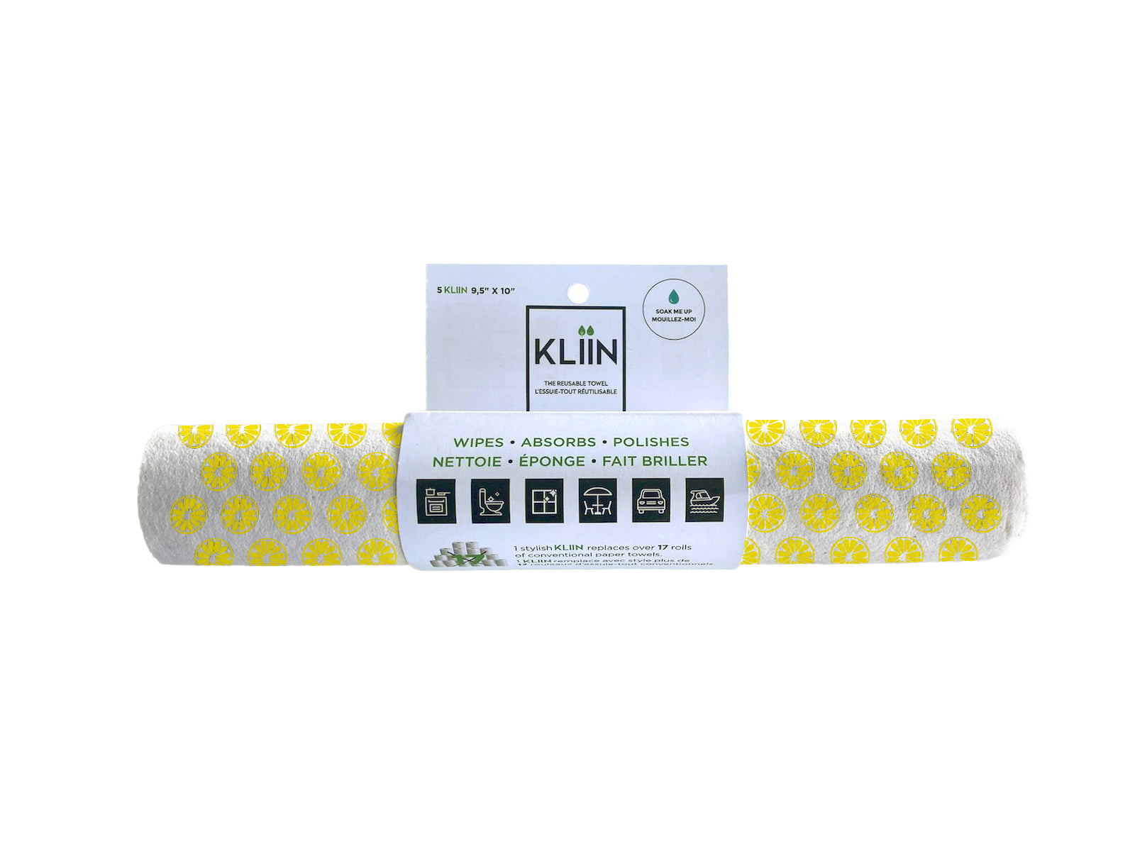 Blanc imprimé citrons • Rouleau essuie-tout réutilisable compostable KLIIN